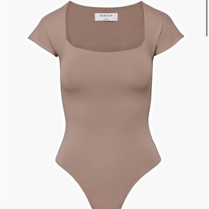 Babaton Contour Bodysuit in size XS in the colour deep taupe.